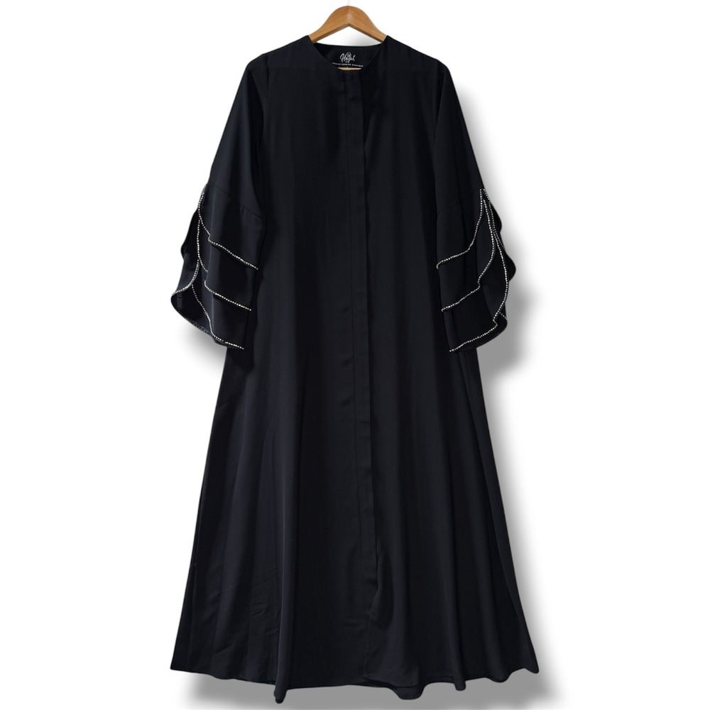 Hayat Modest Fashion Boutique Black Abaya Rhinestone Tiered Sleeve Dress Small - Picture 1 of 7